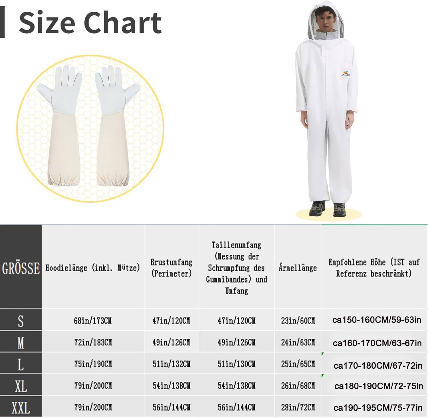 Bienenanzug für Männer und Frauen, stichfest, Imkeranzug aus Polycotton, Imkerkostüm mit Handschuhen und belüfteter Kapuze, Bienen-Outfit für den Garten und Imkereibedarf(L)