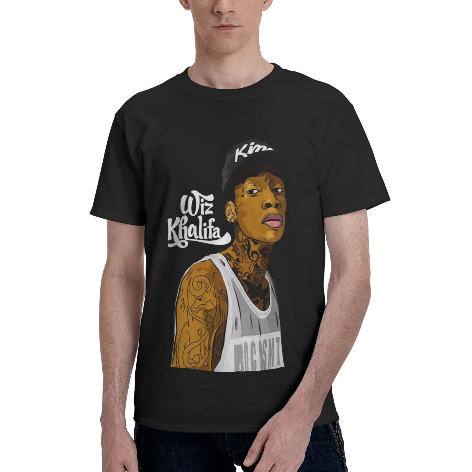 Teen American Rapper Wiz and Khaalifa T Shirt Crew Neck Short-Sleeve Shirt, Cool Cotton Tees Tops Shirt for Men, Graphic Custom Tees Clothes Top Xx-Large Black
