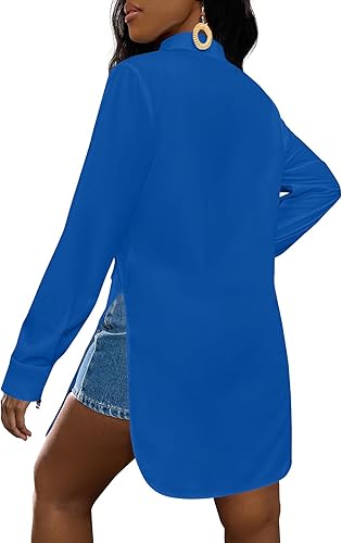 Miniatura 4 de LYANER Blusa larga tipo camisa para mujer con cuello en V, botones frontales, manga larga, dobladillo con abertura
