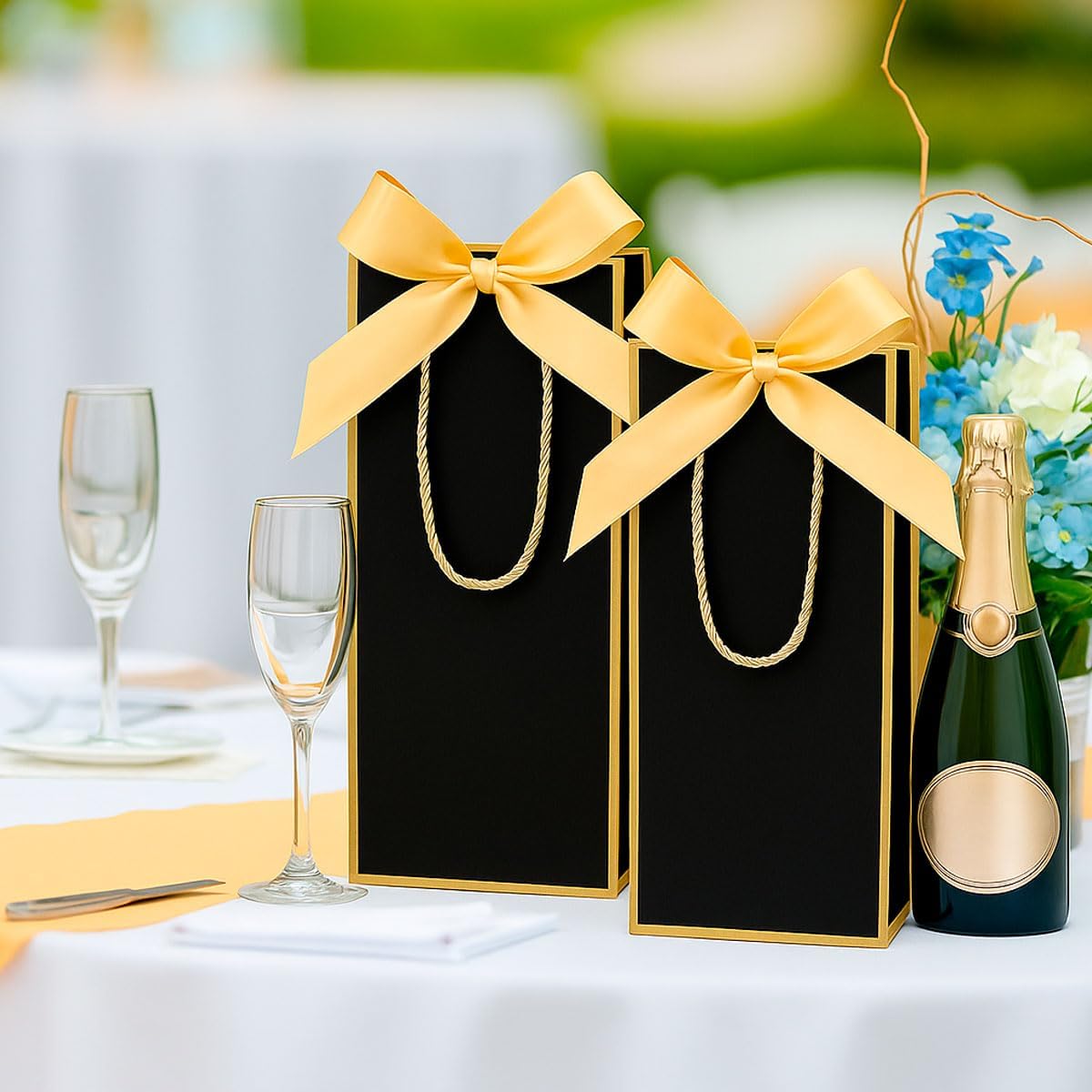 15 PCS Wine Gift Bags with Bow Double Handle Kraft Paper Bags for Wine Bottles Elegant for wedding anniversary housewarming birthday thank you christmas party favors and special occasions(Black)