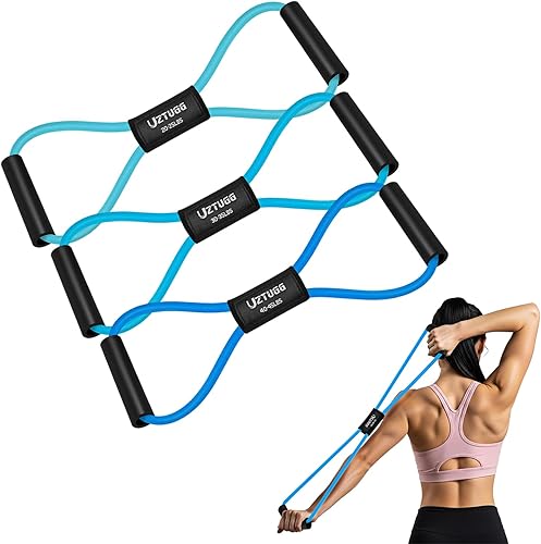 Miniatura 9 de Figura 8 bandas de resistencia para brazo, espalda, bandas de ejercicio pesado de látex de 3 niveles con asas para entrenamiento de fuerza,
