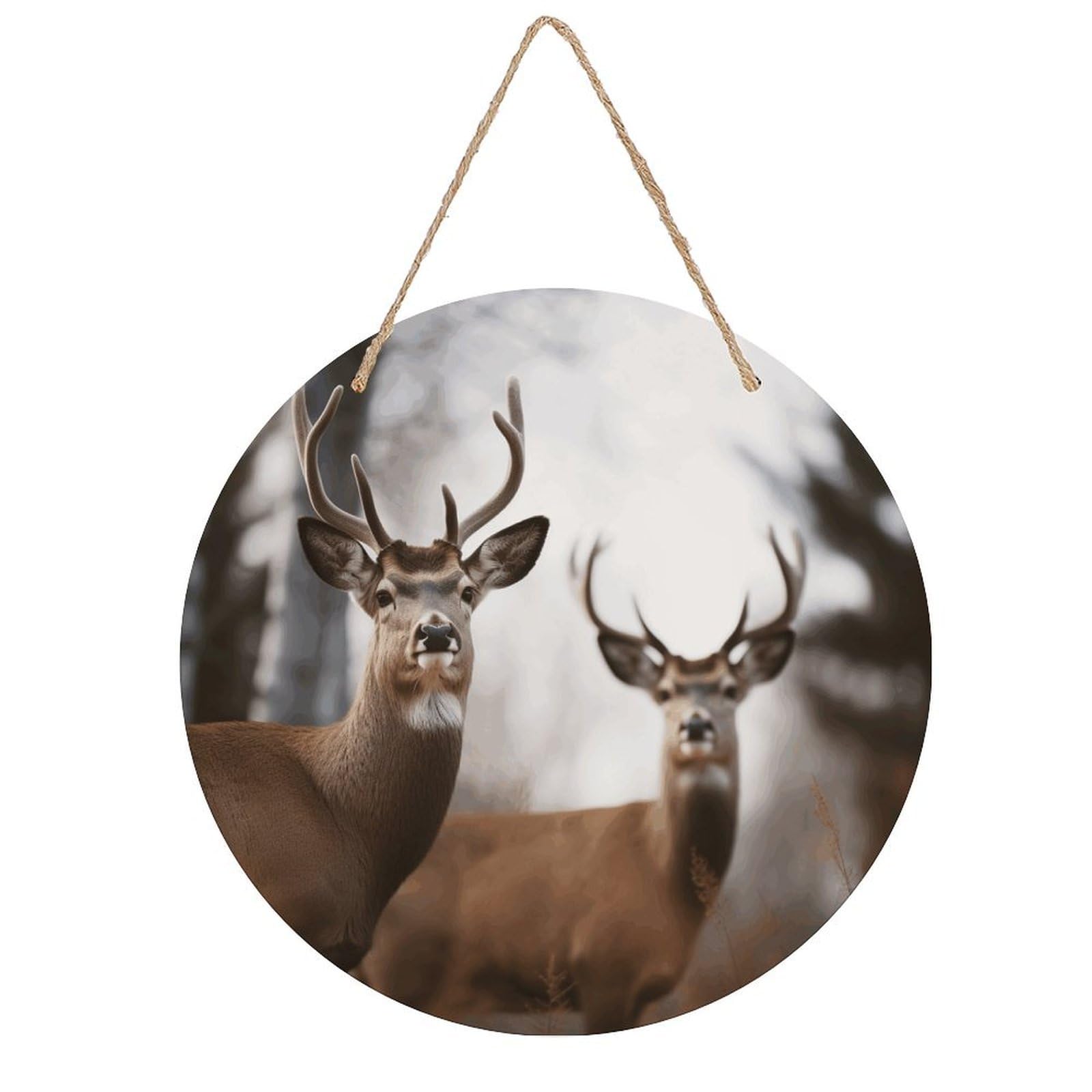 FekiLoot Deer Wall Art Decor Round Wood Hanging Sign Decoration Wooden Circle Door Sign Round Hanging Decorative Wood Plaque Door Hanger for Home Outdoor Indoor Decoration