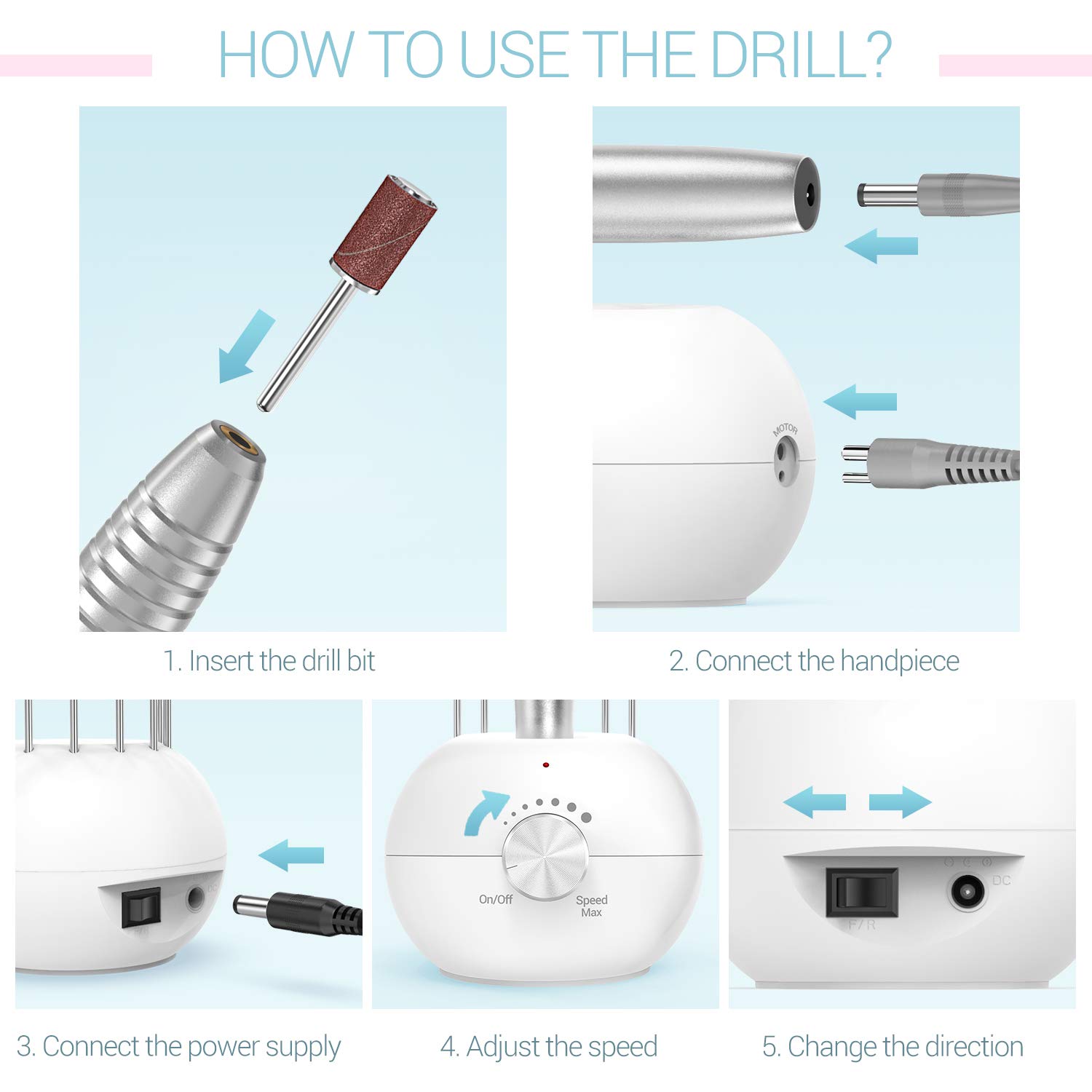 MELODYSUSIE Stacie SC180J Nail Drill Machine for Acrylic Nails, 25000RPM Low Noise Electric Nail Files Manicure and Pedicure Set for Beginners, with Crystal Glass Nail File 56 Sanding Bands