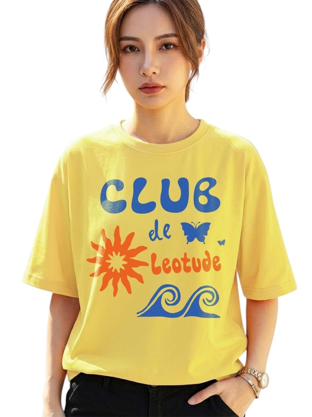 leotude Women’s Oversized Graphic Printed T-Shirt | Round Neck Half Sleeve Cotton Blend Top for Women & Girls (Color: Yellow)-picture-39