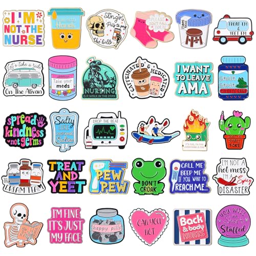 Suncalla 30 Pcs Funny Nurse Enamel Pins for Backpacks Cute Medical Badge Lapel Brooch Charm Bulk for Paramedic Registered Nurse Doctor Healthcare Gift Hospital Accessory Supplies