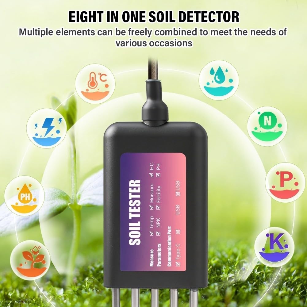 Misuratore del suolo con funzioni di pH, NPK, umidità e temperatura, IP68 impermeabile con sonda in acciaio inox 316L, analisi dei dati in tempo reale per orticoltura e agricoltura, nero