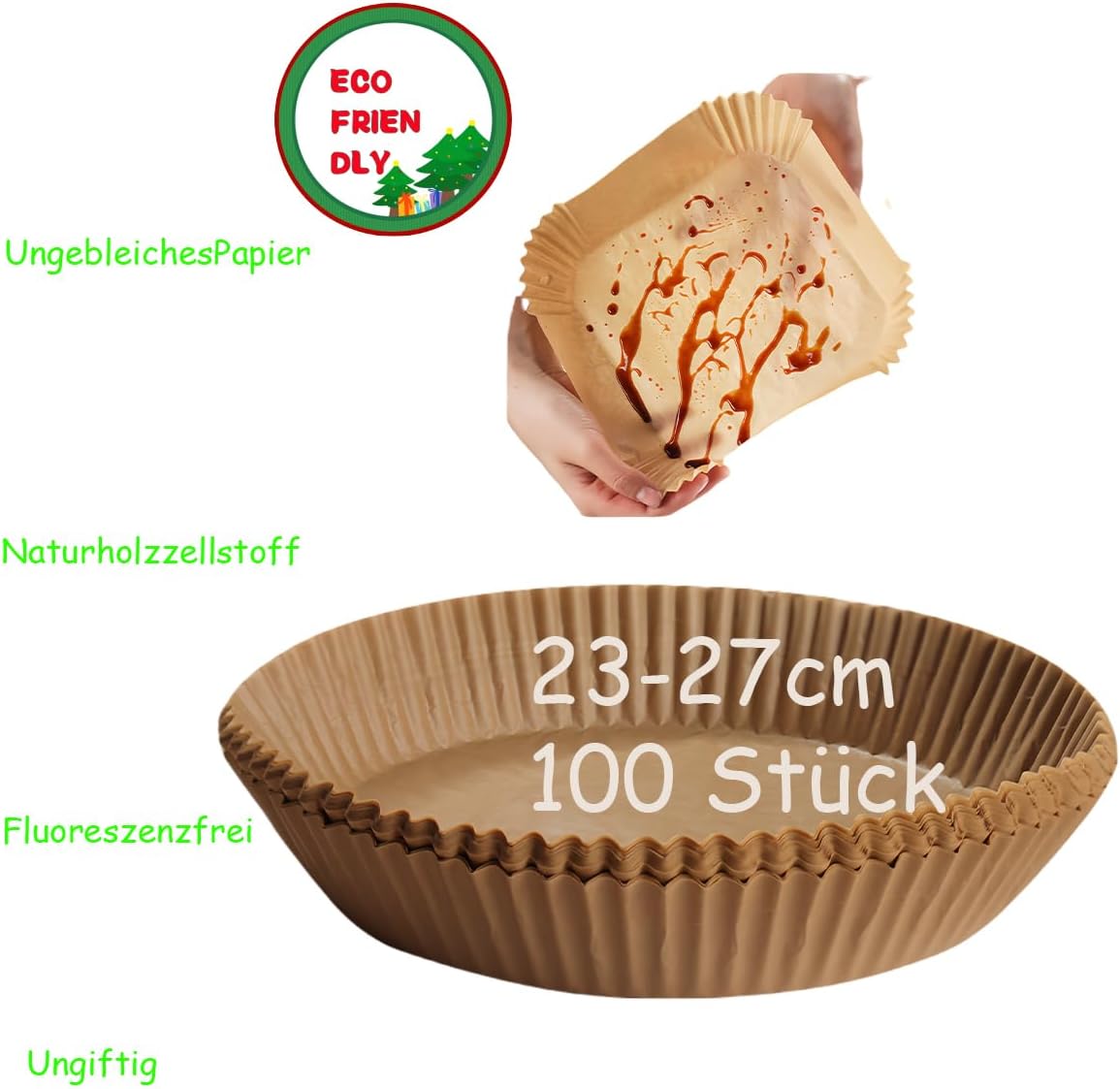 Large Baking Paper for Hot Air Fryer, Parchment Paper, Airfryer Liners, Disposable Paper for Oven and Air Fryers 4.2-8 L, 20-27 cm, Pack of 100 Square Rectangle (Round 23-27 cm)