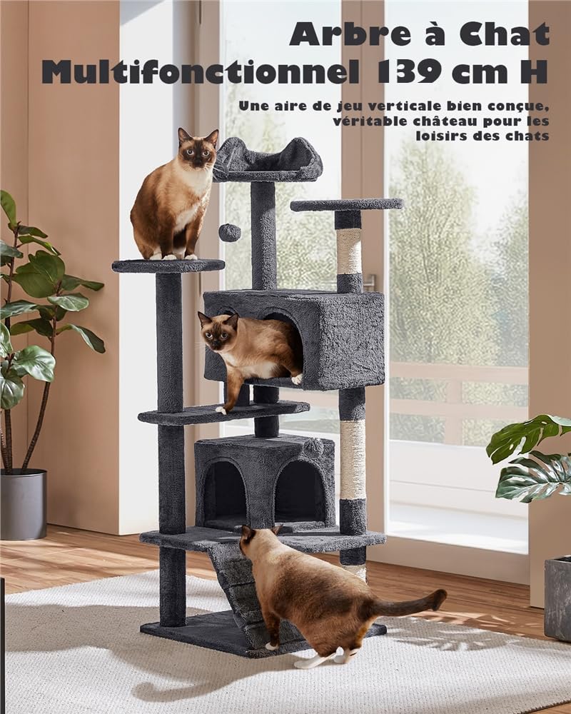 Yaheetech Arbre à Chat 139 cm, Arbre à Grimper avec 2 Niches 3 Plateformes 2 Boules en Sisal Multi-Niveaux Idéal pour 3-4 Chats, Gris Foncé