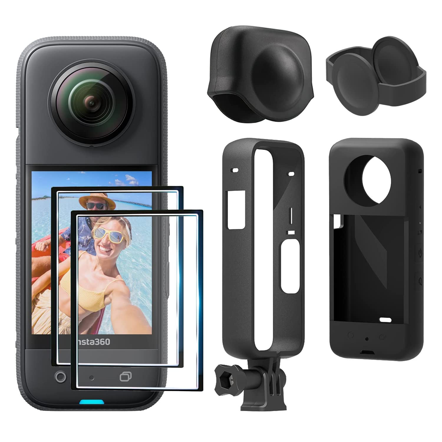 eWINNER Action Camera Accessories Kit compatible with Insta360 ONE X3/Protective Camera Housing Frame w/1/4" Thread Adapter/Silicone Protective Case/Lens Cap/Screen Protector