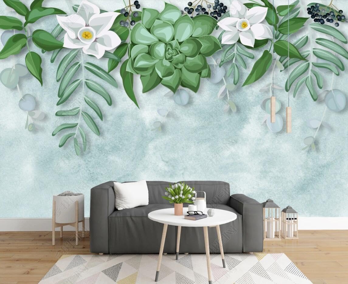 Papier peint 3D fleurs blanches et vertes 150x105 cm pour salon