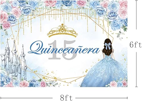 Miniatura 8 de MEHOFOND Telón de fondo de quinceañera de cumpleaños número 15 de 7 x 5 pies, Mis membrillo de 15 años, castillo floral azul, rosa, fondo de