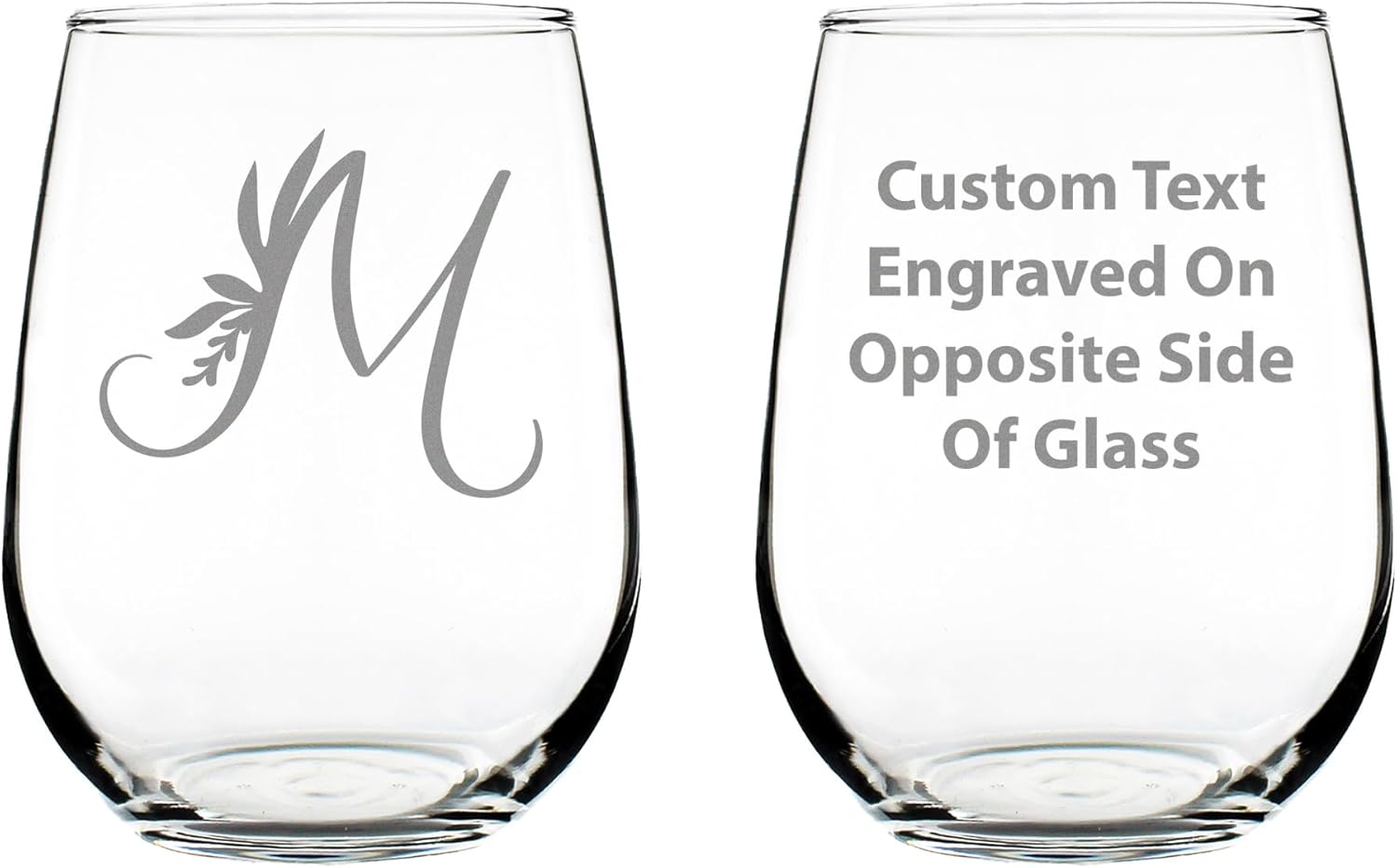 Bevvee Monogram Floral Letter M - Stemless Wine Glass - Personalized Gifts for Women and Men - Set of 2 - Large Engraved Glasses