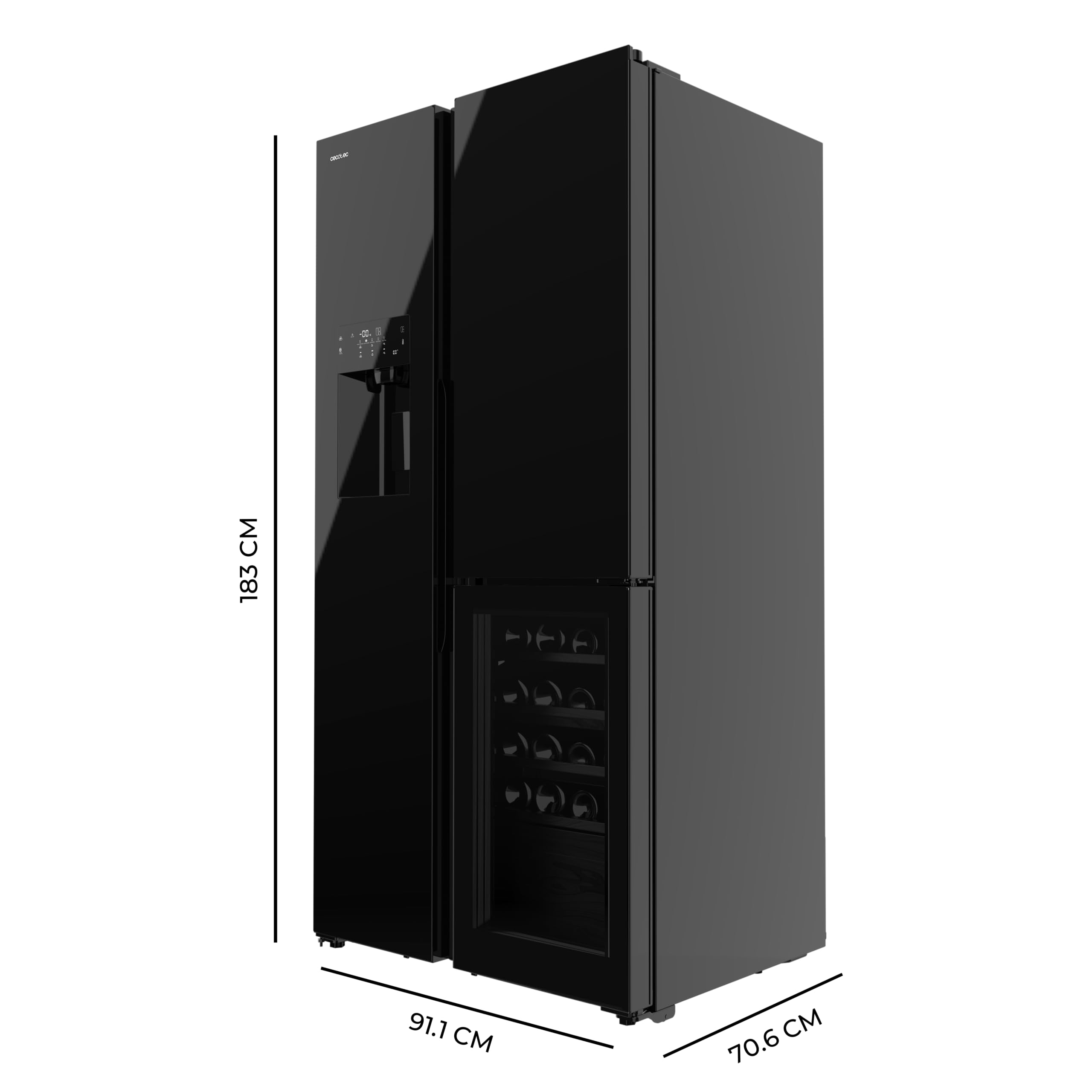 Cecotec Bolero CoolMarket TDW 529 WID Black Glass E 3-door refrigerator, wine cellar, 529L, Inverter Plus, Total No Frost, E, MultiAirFlow, Fast Cooling.