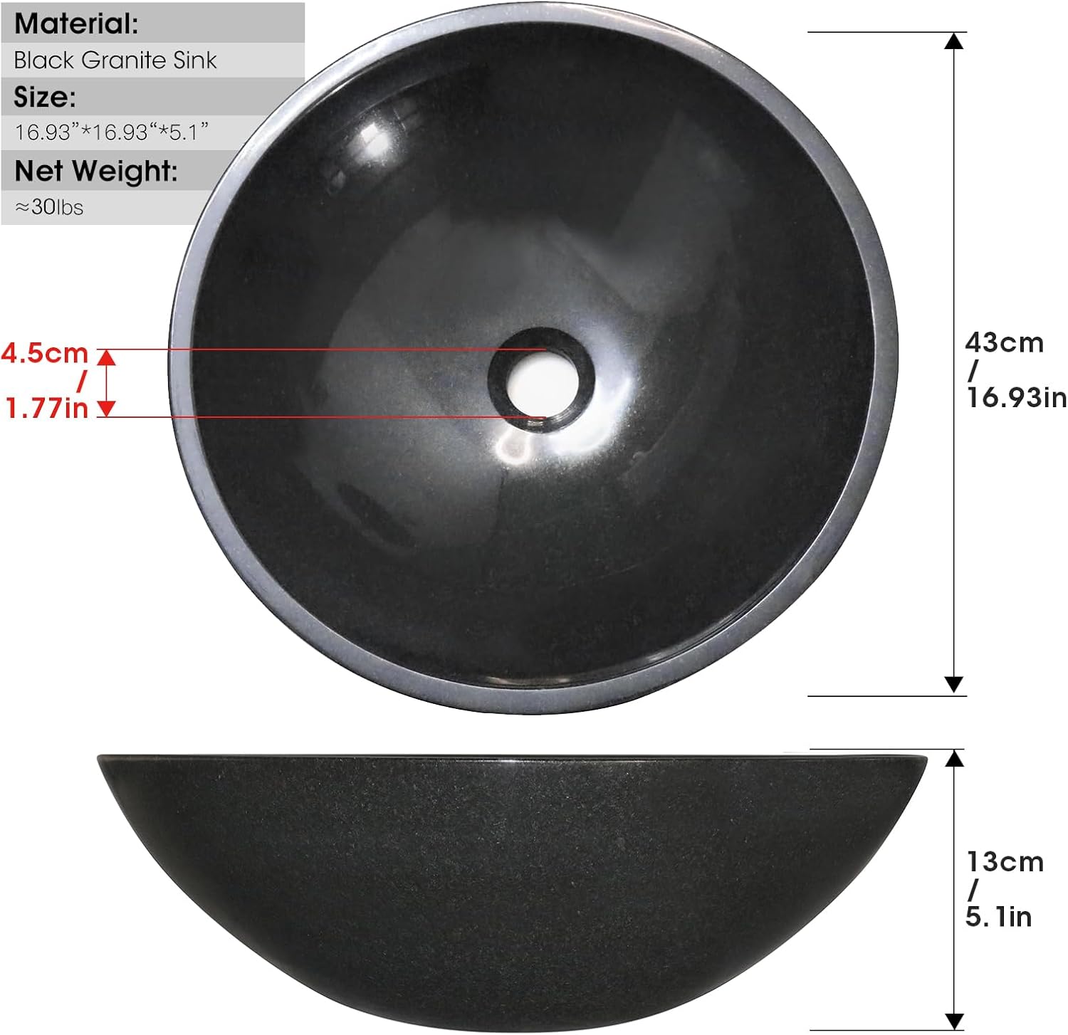 Black Granite Stone Bathroom Sink 17inch Round Shape Vessel Bowl Polished Finished basin Above Vanity Top