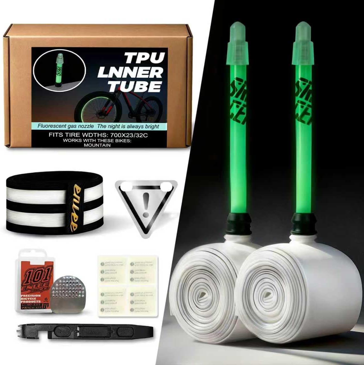 2pcs Lightweight TPU Bike Tube with Night Glow Valve -40% Lighter, Anti-Puncture, ColdResistant Inner Tube + Repair Kit (Tire Levers, Patches, Reflective Strap)