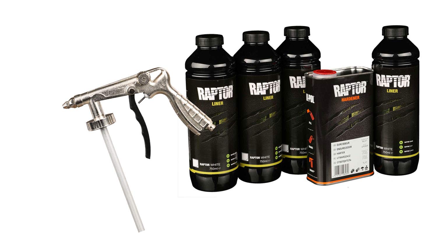 U-POL RAPTOR Transportflächen Beschichtung Weiß inkl. Härter 3,79L + AllorA Unterbodenschutzpistole 2K Schutzlack gegen Rost, Korrosion, Salz & Feuchtigkeit (3,79 Liter | Weiß)