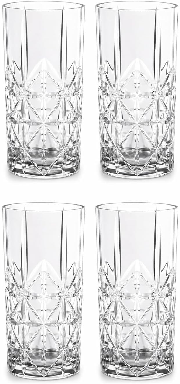 Nachtmann Cross Long Glass, Set of 4 Crystal Clear Glasses, 376ml Tumbler for Scotch, Cocktail, Liquor, or Bourbon Clear, for Holidays, Parties Water Drinking Glasses (Imported from Germany)