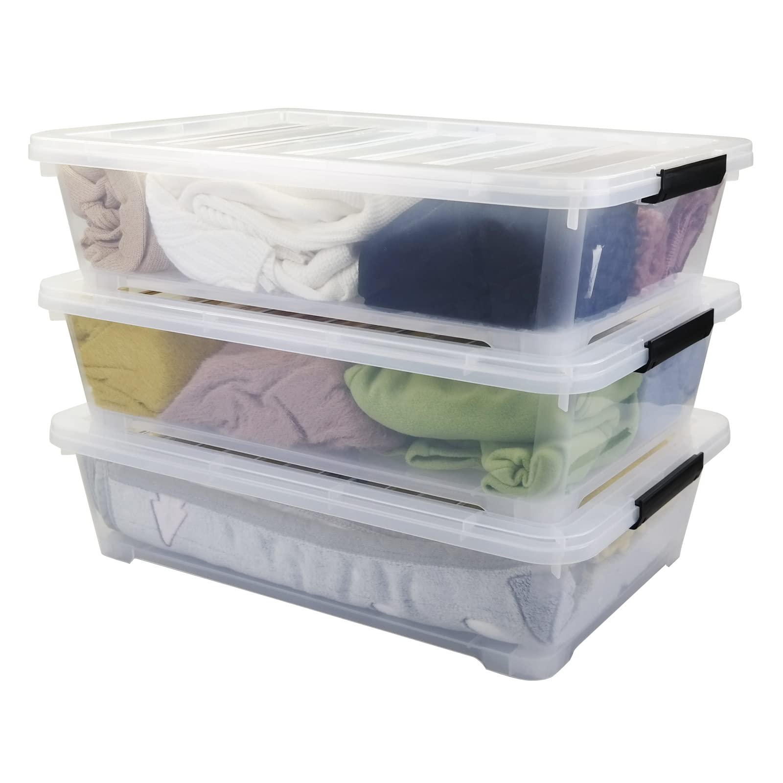 Qshape 40 L Plastic Under Bed Storage Boxes, Plastic Stackable Clear Storage Boxes with Lids, 3 Packs