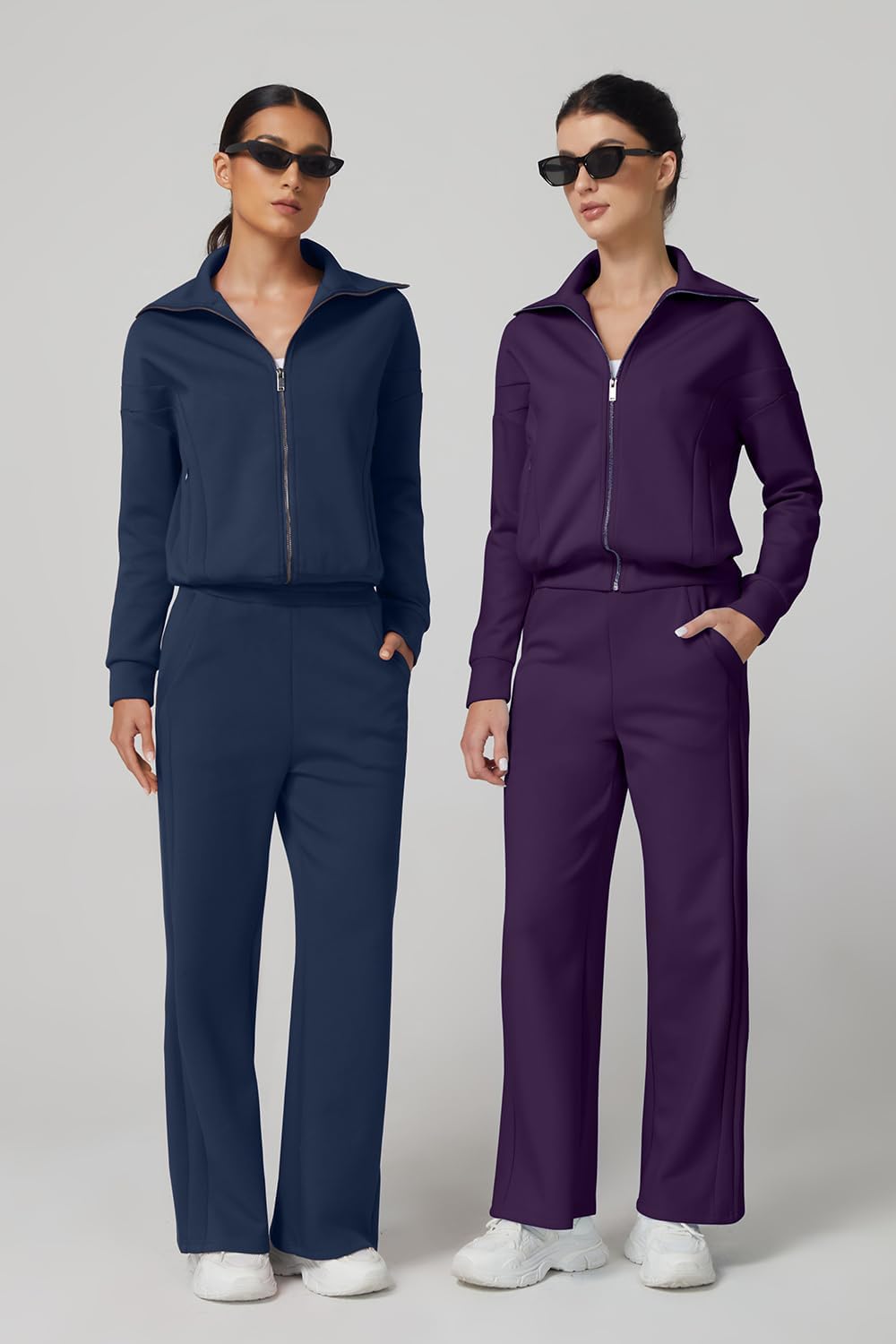 QINSEN Women's Cotton 2 Piece Outfits Lapel Long Sleeve Zip Up Sweatshirt Wide Leg Pants Matching Tracksuit Sets - Image 6