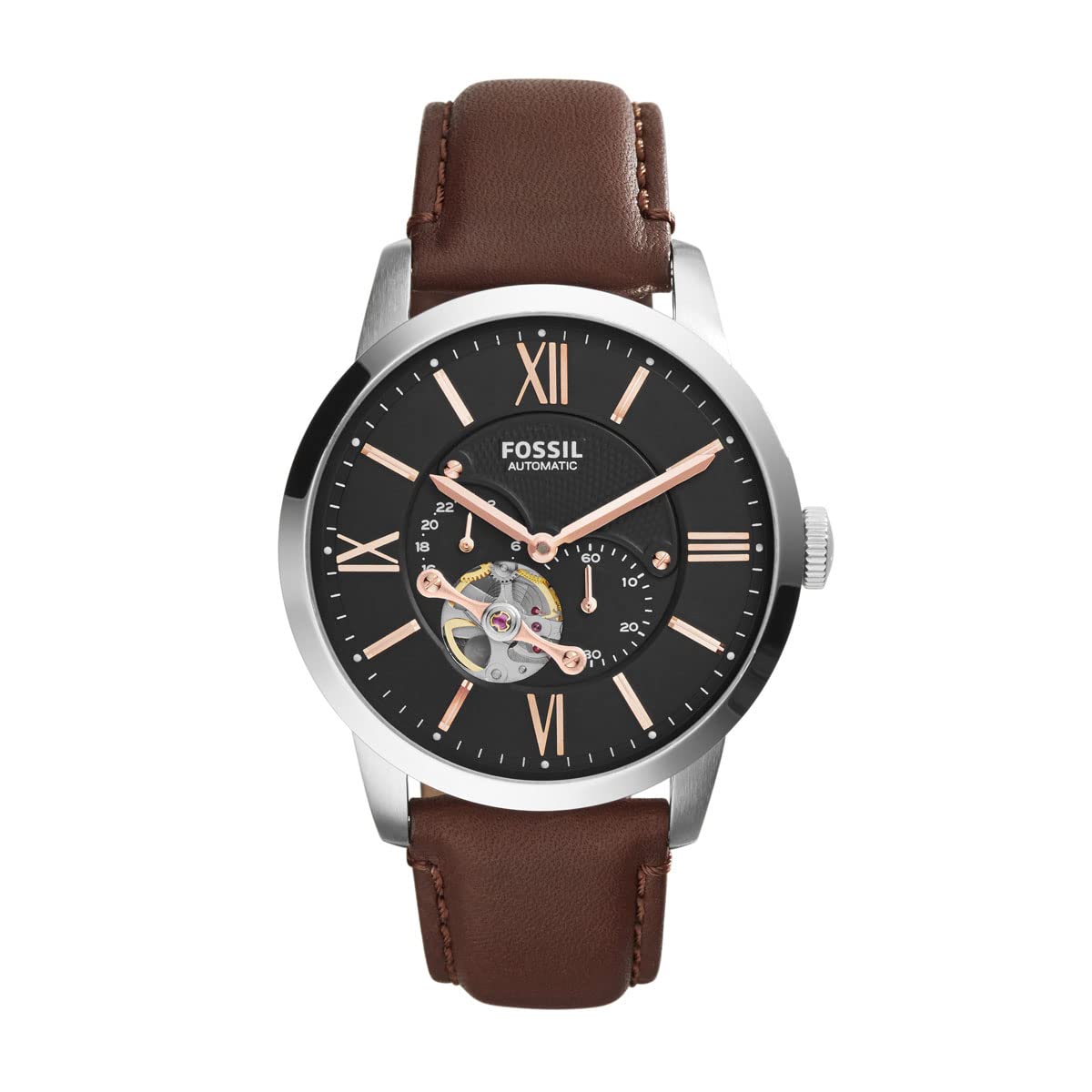FossilTownsman Men Black Dial Leather Band Automatic Watch - Me3061, Brown Band, Analog Display
