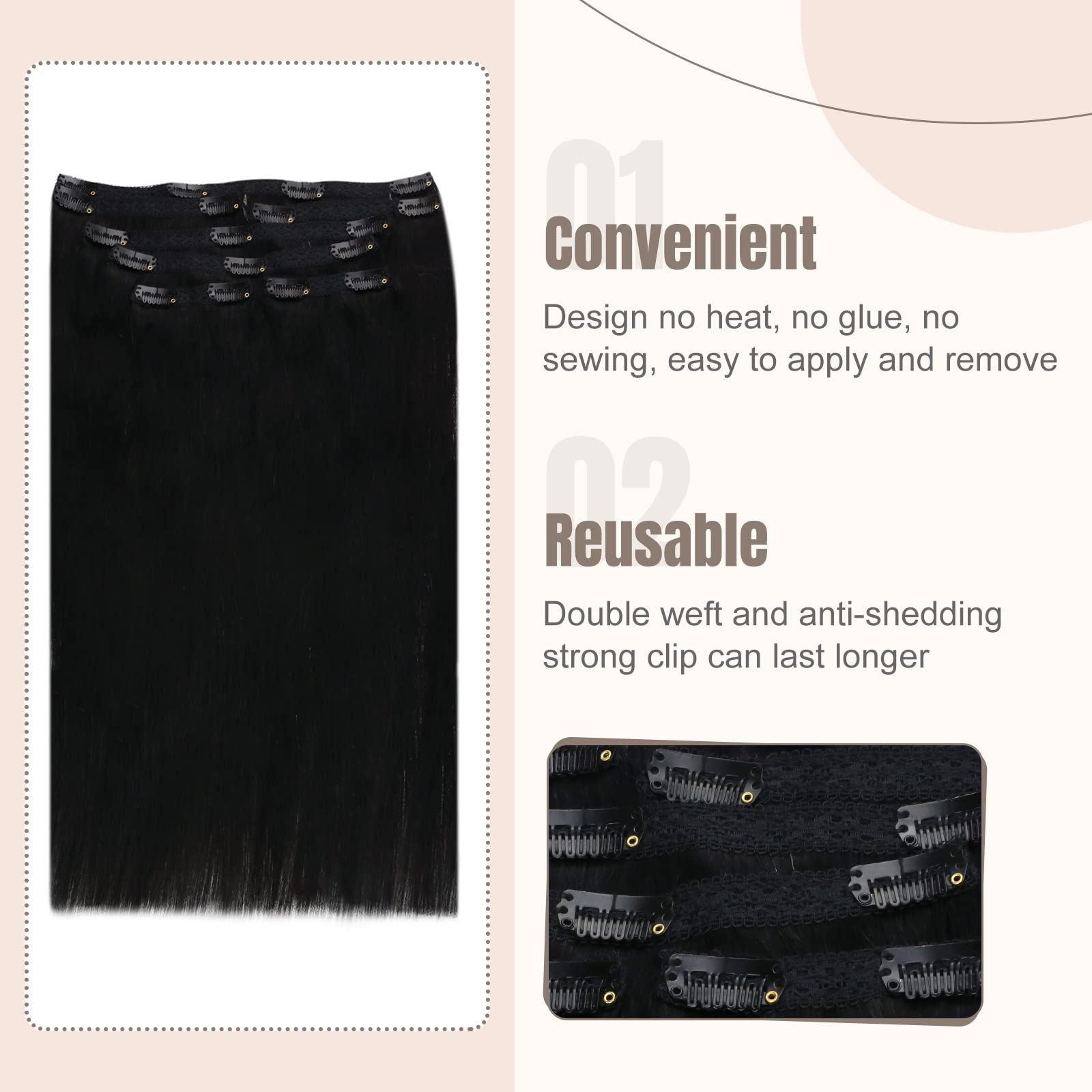 Fshine Extension Capelli Clip Jet Nero Clip Capelli Umani Lisci 55CM 120g 7pcs Clip In Hair Extension Real Hair Full Head Extension Capelli Veri Clip Double Weft Extension Lisce Clip #1