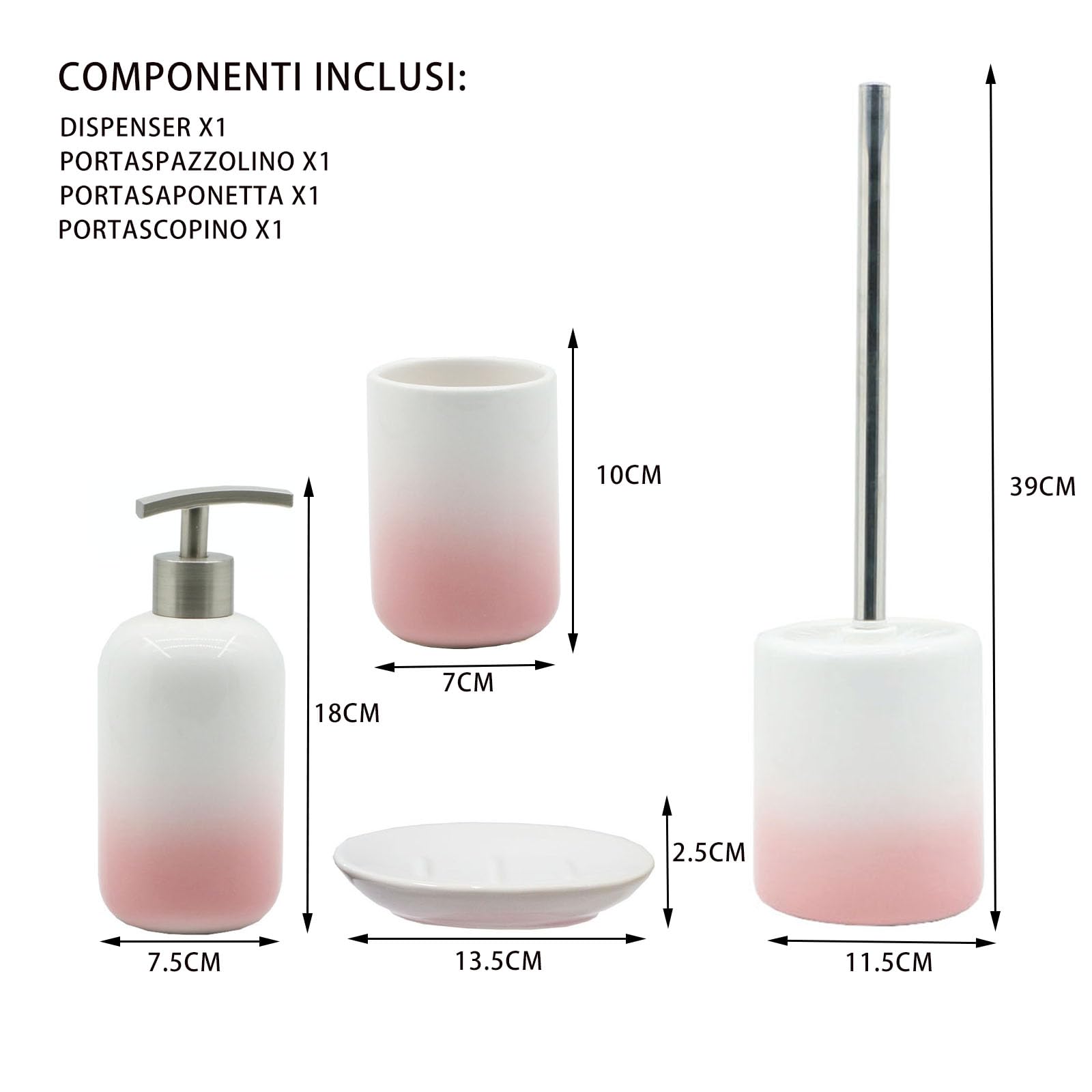 BM 4064 Set di Accessori da Bagno in Ceramica Sfumatura Bianco Anguria, Set Accessori Bagno Completo 4 Pezzi, Dispenser, Portaspazzolino, Portasaponetta, Portascopino