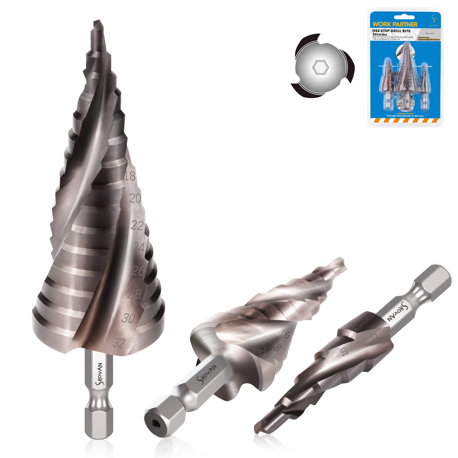 3PCS HSS Step Drill Bit Sets, SS SHOVAN 3Flute Metal Drill Bits Cone Cutter Metric 432mm, 1/4