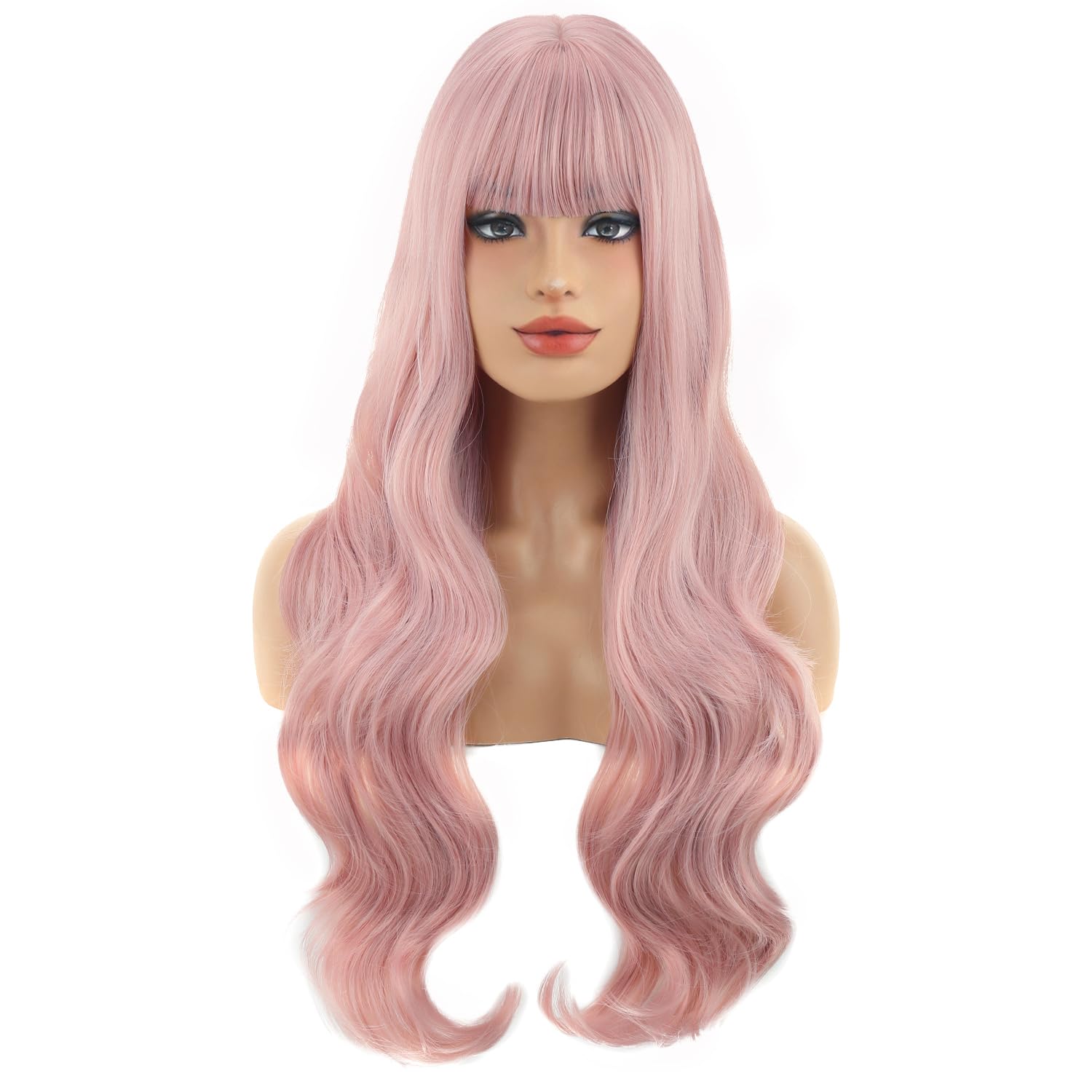 HOT PINK long straight wavy Wig w/ bangs Hot Pink Hair Wigs for Women Long Wavy Natural Hairline Lace  main image 4