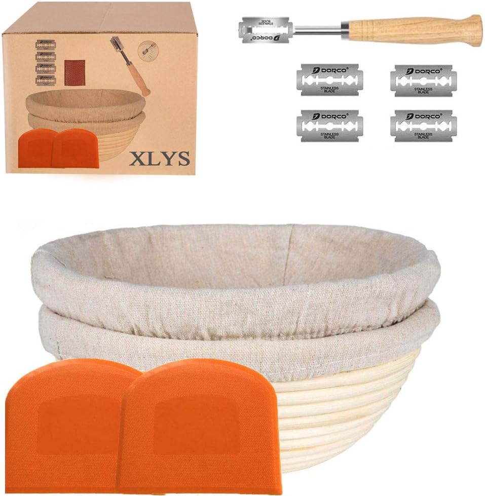 Set of 2 Banneton Proofing Basket,Perfect for Sourdough, Includes Dough Scraper 2, Washable Linen Cloth 2, Bread Lame1,Extra Blades