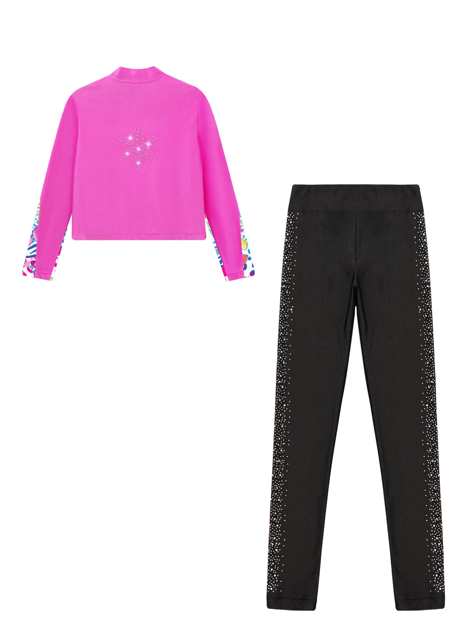 Kinder Eiskunstlauf Anzug Mädchen Bedruckte Eislaufen Jacke Leggings Glitzer Strass