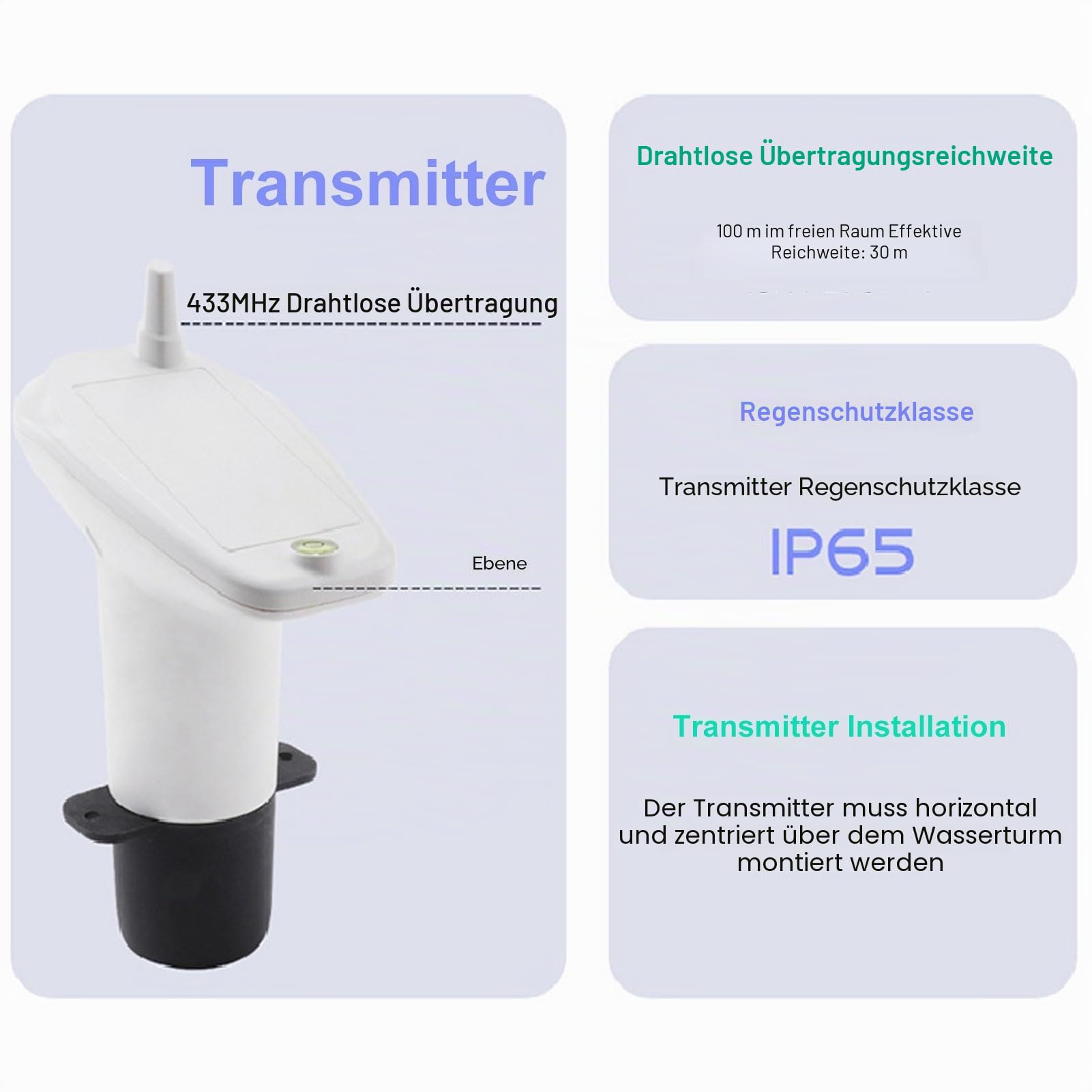 Ultraschall-Füllstandssensor, Kabelloser Wassertank-Tiefenmesser mit LCD-Anzeige und Temperatur-/Zeitanzeige für die Wasserversorgung Im Innen- und Außenbereich
