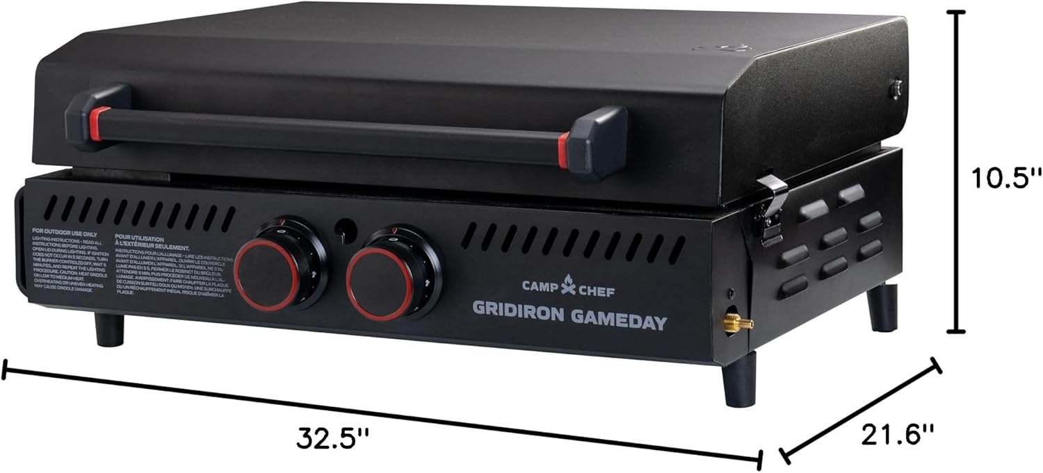 Gridiron Gameday 24" Portable Propane Grill – Flat Top Tabletop Griddle with Hinged Lid, 24,000 BTUs, Flamethrower Ignition, Dual Heat Zones, Adjustable Legs for Tailgating, Camping & Outdoor Cooking