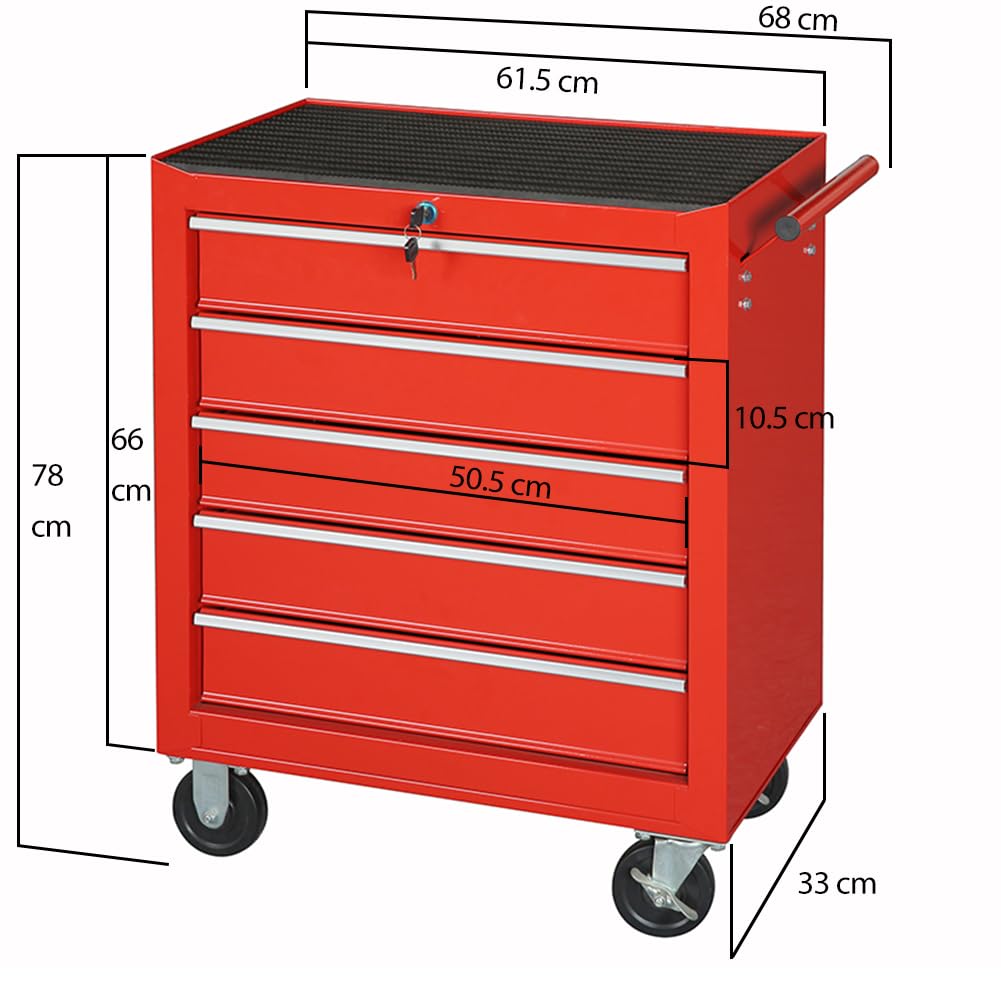 Carrello Portautensili con 5 Cassetti in Acciaio, Carrellino per Attrezzi Multiuso, Armadietto per Strumenti di Lavoro con Ruote, Ideale per Officine, Garage, Fai da Te, 68 x 33 x 78 cm