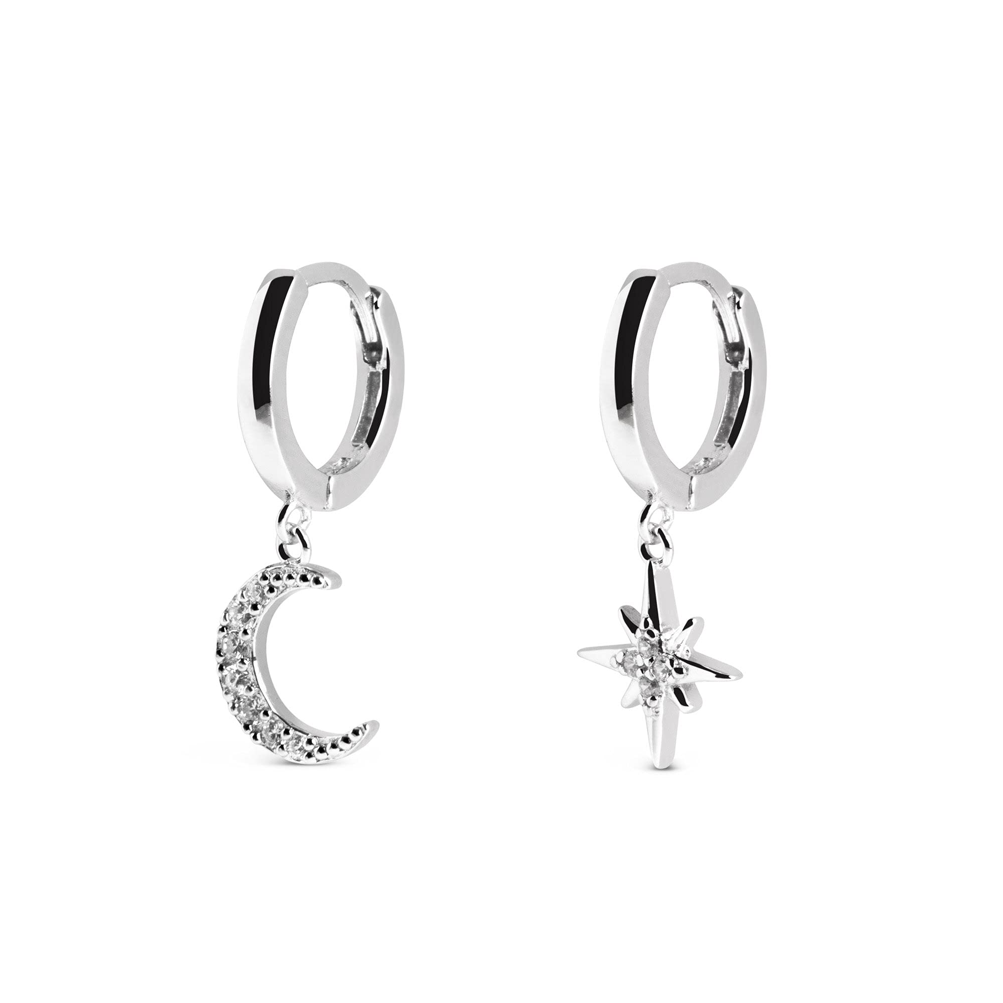 SINGULARU Pendientes Polar Moon Spark Plata - Pendientes en Plata de Ley 925 con Acabado Baño de Rodio - Pendientes Aro Cierre Congo - Joyas para Mujer