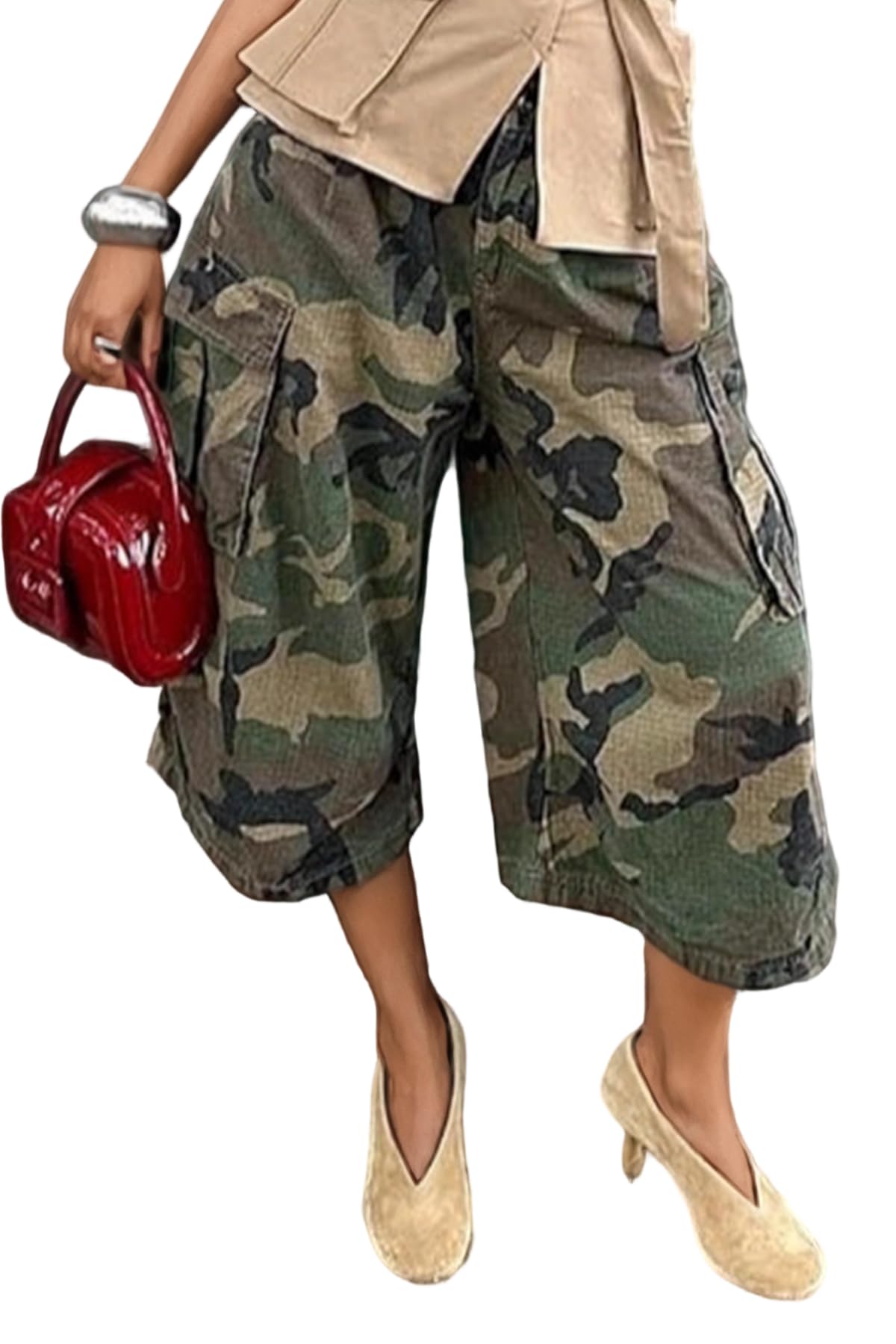 Womens Camo Pants High Waisted Wide Leg Barrel Pants Loose Fit Camouflage Y2k Cargo Trousers