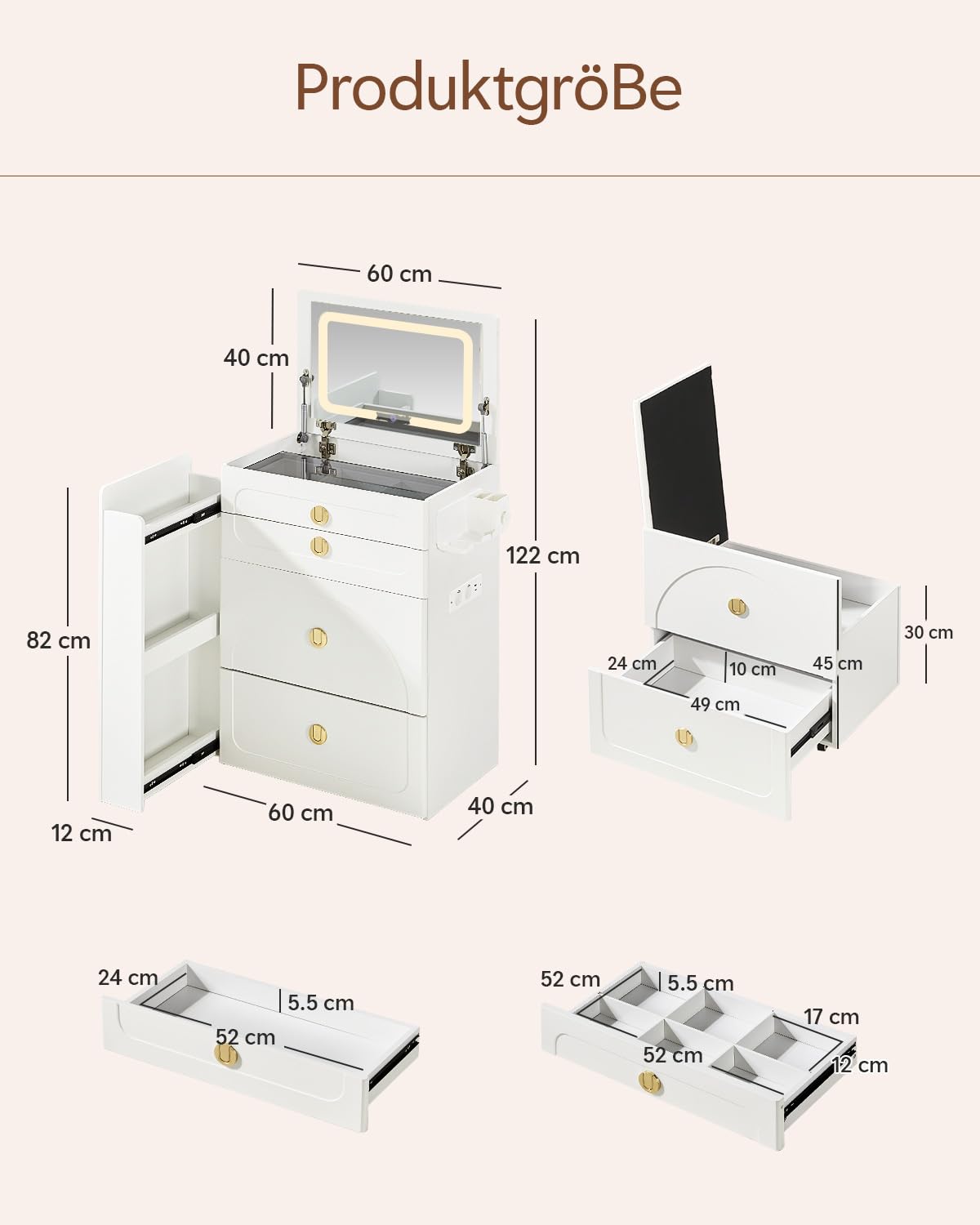 TUKAILAi Tocador 3 en 1 con Espejo LED Abatible, Tocador de Maquillaje con Estación de Carga y Mueble Corredizo, Tocador Compacto con Vidrio, 3 Cajones y Banco con Almacenamiento para Dormitorio