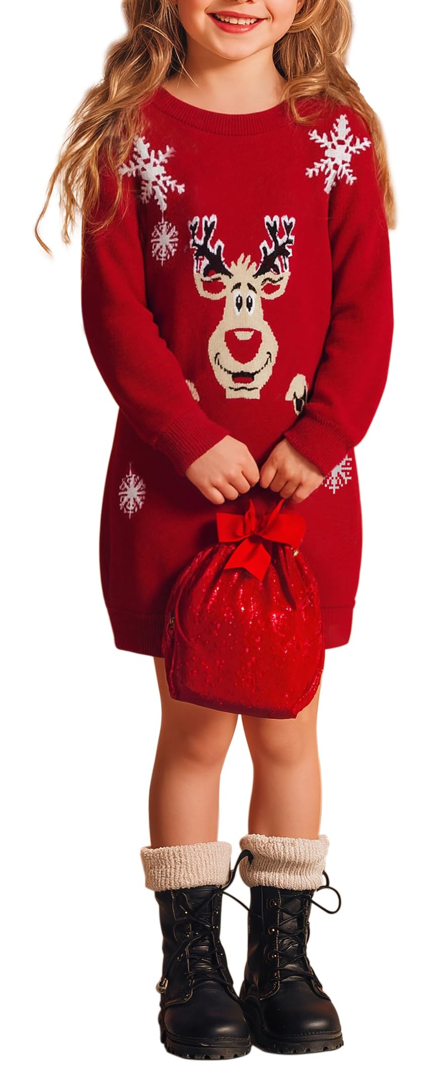 HOOGRIN Girls Winter Long Sleeve Holiday Christmas Knit Pullover Sweater Dress