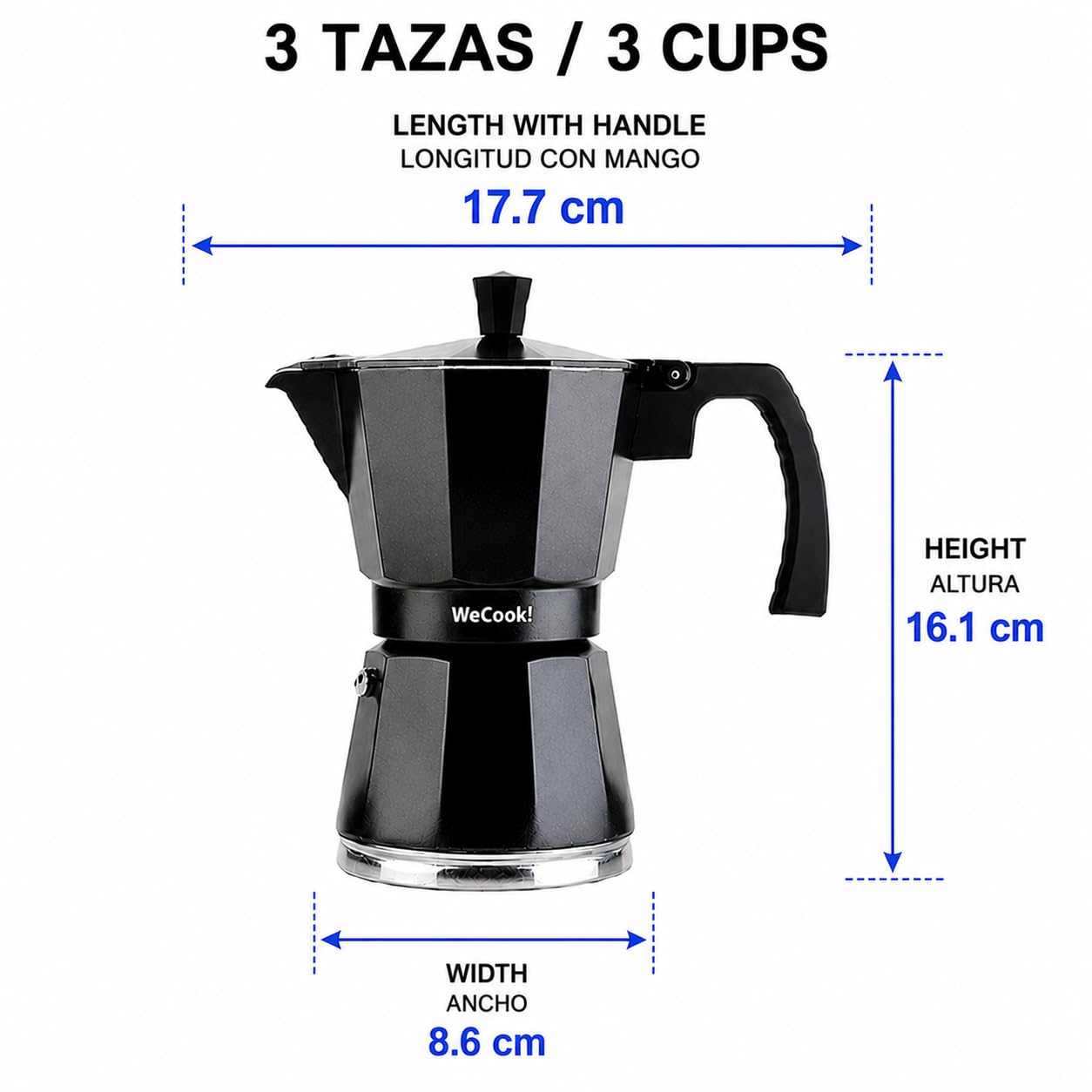 WECOOK! Luccia Cafetière Expresso Italienne à Induction en Aluminium, 1-3 Tasses de Café, Base en Acier Inoxydable, Soupape de Sécurité, Vitrocérame, Gaz, Électrique