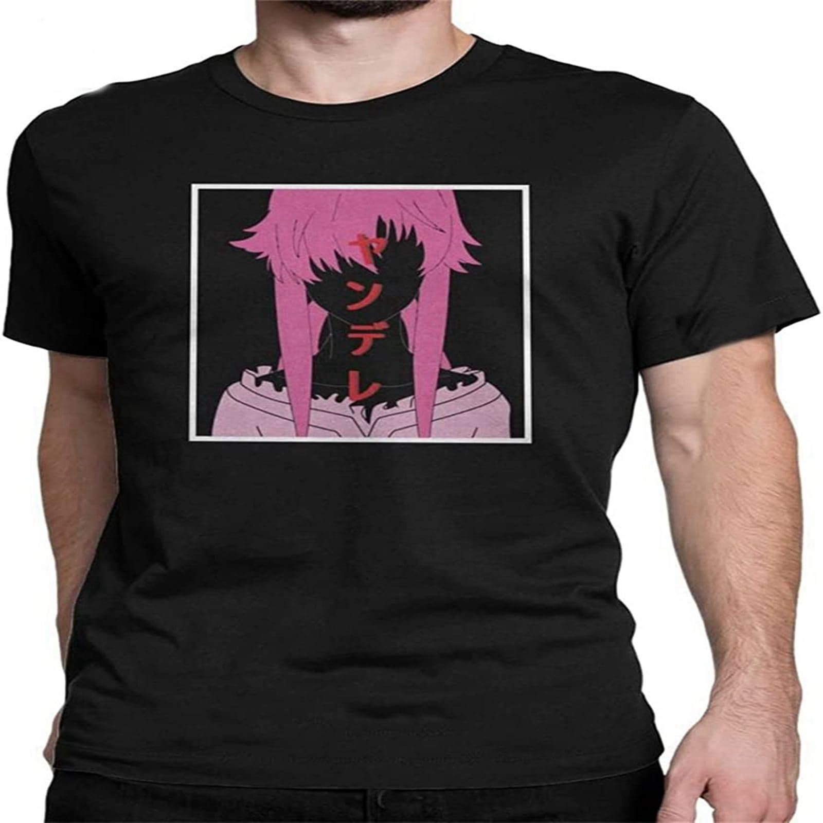 Men T-Shirt Yuno Gasai Yandere Mirai Nikki Vintage Cotton Tees Short Sleeve Future Dairy Japanese T Shirt Tops Size L Black