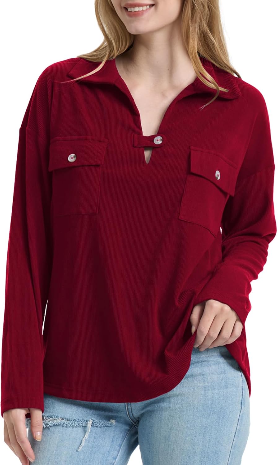 Small) Women's Casual V Neck Ribbed Knitted Shirts Loose Long Sleeve Tunic Tops Fall Pullover Blouses Top with Pockets Small Winered