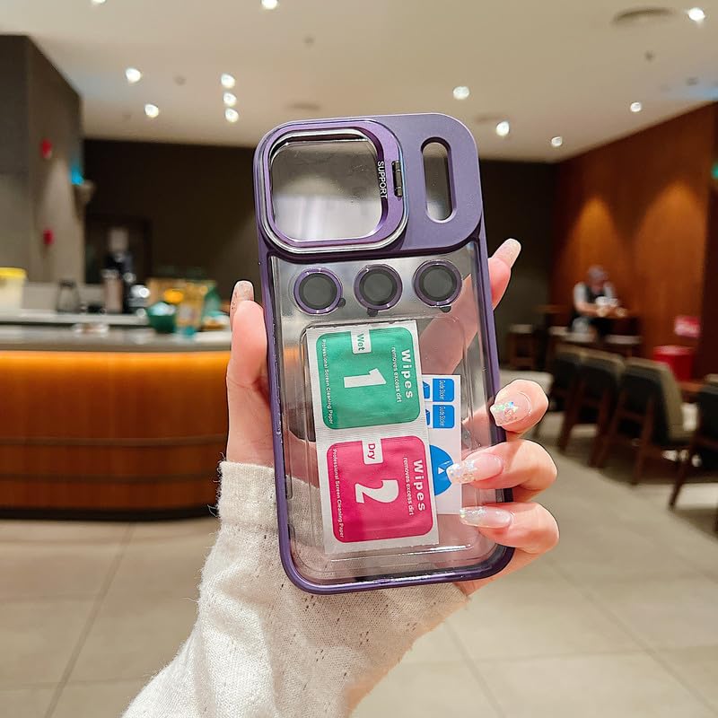 Image of Clear Case for iPhone 17 Pro Max | Metal Lens Protector & 180 Rotating Bracket | Shockproof Transparent Hard Back Cover with Soft TPU Frame - Purple