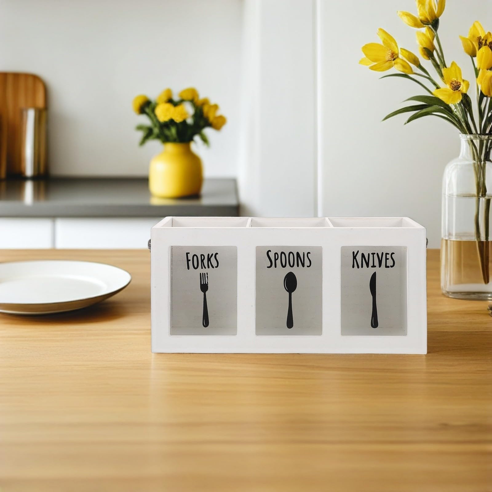 Caja de Cubiertos de Madera 3 Compartimentos para Almacenamiento Duradero y Soporte para Utensilios de Cocina en Encimera, Adecuado para Cocina y Cenas