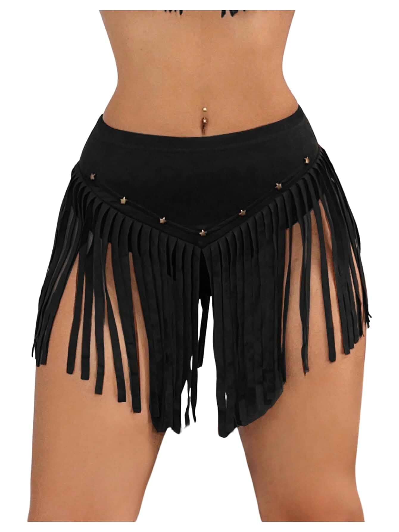 OYOANGLE Women's Suede Fringe Western Cowgirl Mini Skirt | Beaded, Low Waist Flared Short Skirts, Tassel, Concert Rave Out...