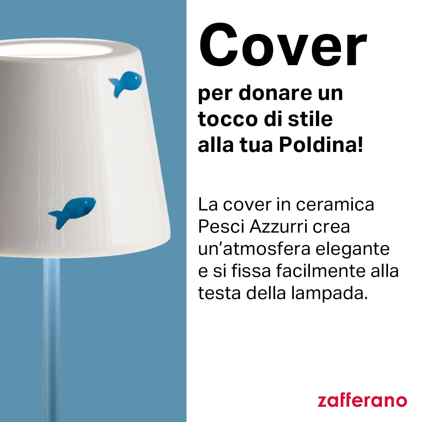 Zafferano, Poldina Cover, Cover in Ceramica Decorata a Mano per Lampada da Tavolo, Paralume Compatibile con le Lampade Poldina, Made in Italy, Ø13 x 10 cm, Color Bianco - Pesci Azzurri