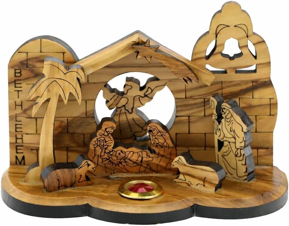 Original Gifts – Authentic Bethlehem Handcrafted Table top Olive Wood Nativity Scene – 3.9" Hand Carved in Bethlehem, Holy Land