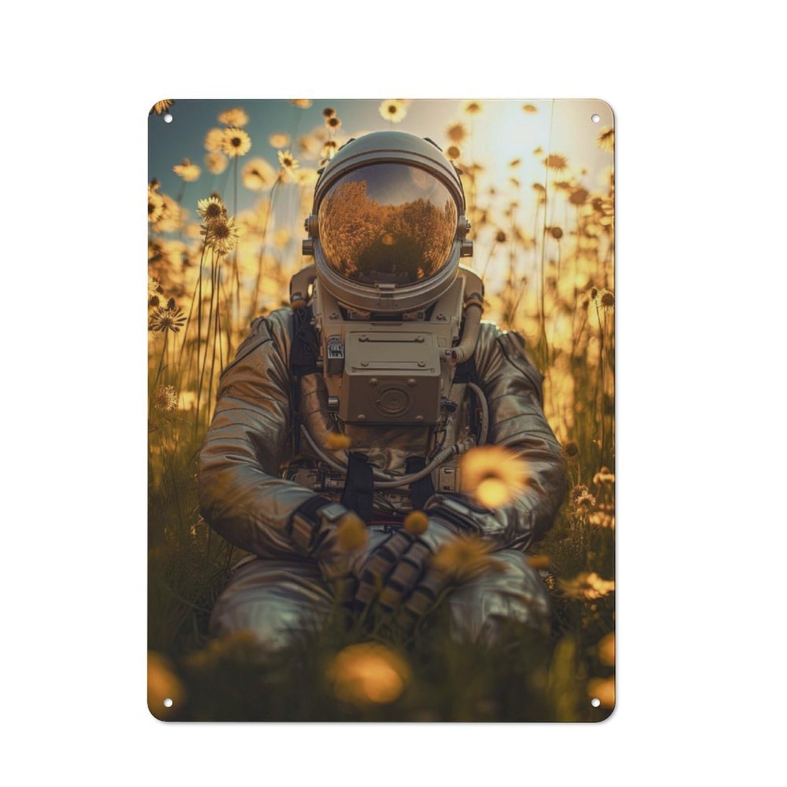 Garden Style Astronaut And Sunflowers Tin Sign 40x30cm, Porch Wall Decor for Patio Bar, Workshop, Shed Or Kitchen