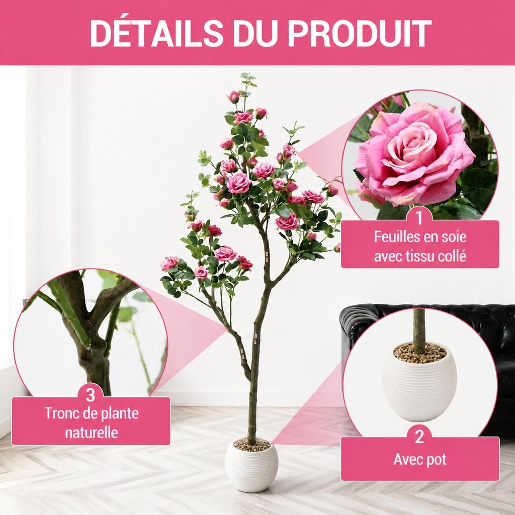 Arbre Artificiel 180 cm avec Pot Blanc Courbé - Faux Jasmin à Fleurs Roses - Décoration Intérieure et Extérieurérieure - Rouille Rosé