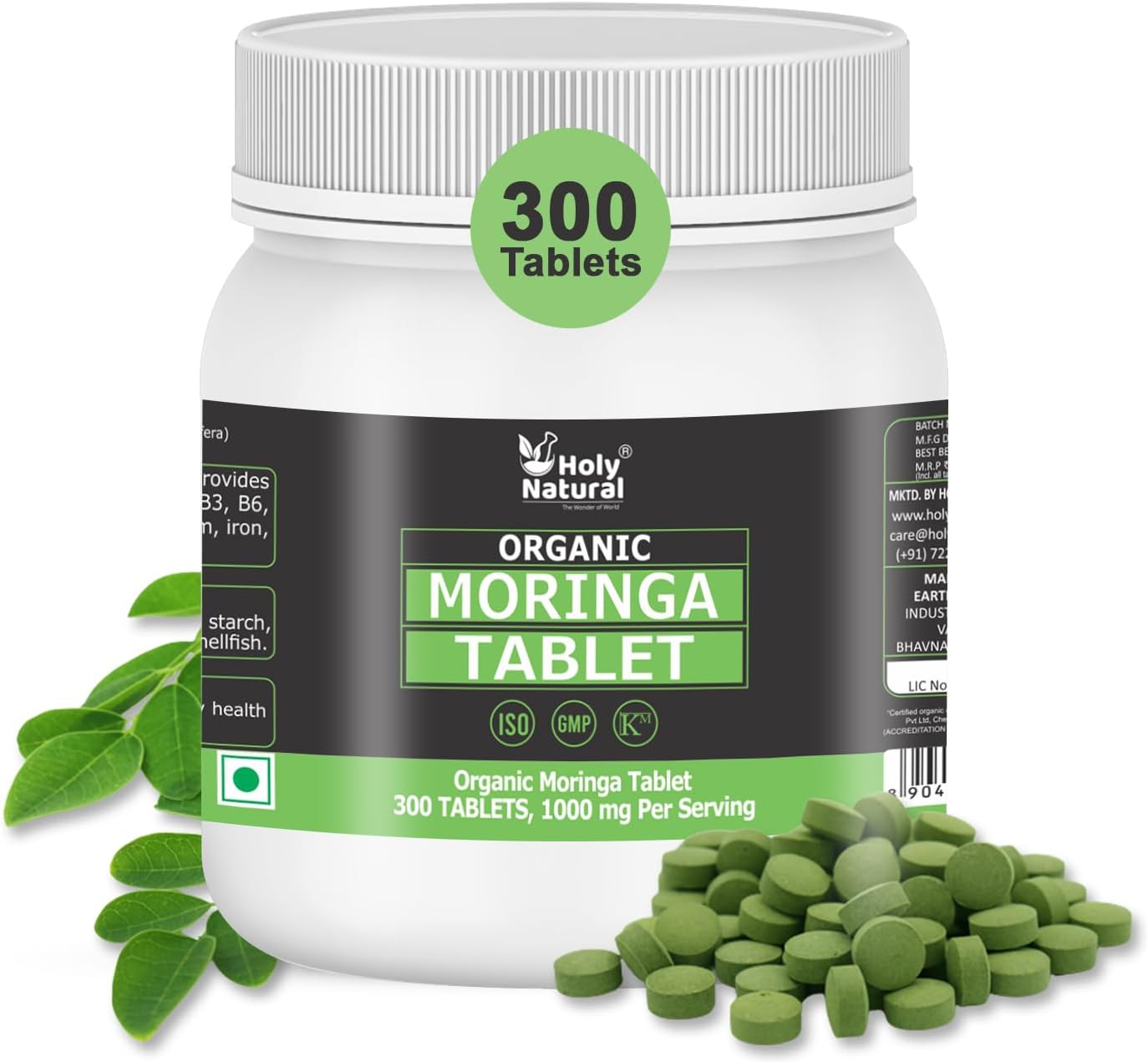 Holy Natural Organic Moringa Tablet – 300 Tablet | USDA Organic certified | Non GMO | 500 mg Per Tablet | Halal Certified | Made Under GMP Facilities