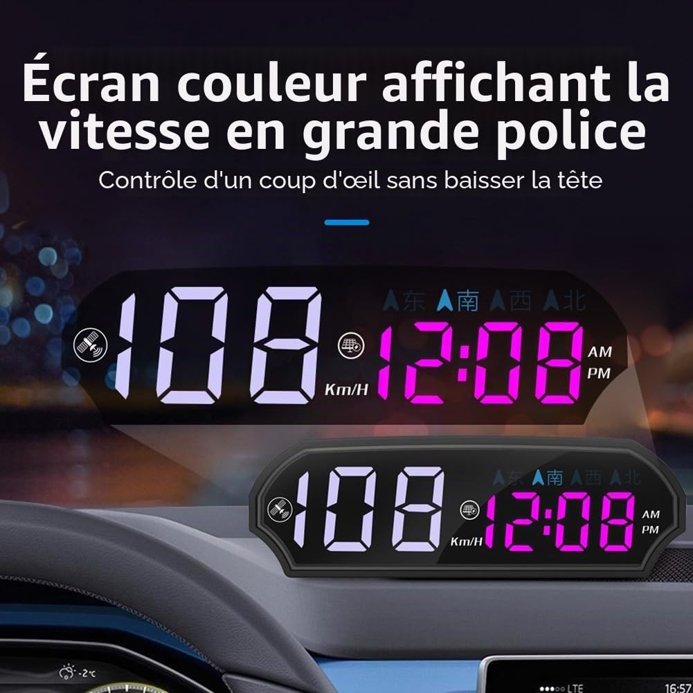 HUD solaire GPS pour voitures : compteur de vitesse numérique (km/h), direction du compas, écran LED couleur réglable – s'adapte à la plupart des véhicules