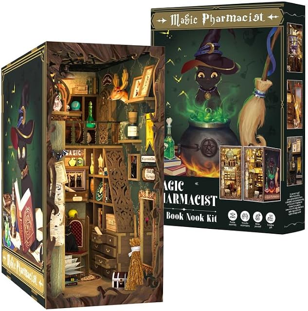 Fsolis DIY Book Nook Kit, Miniature House Kit Booknook Kit with Dust Cover DIY Book Nook Mayberry Street Miniatures Book Nook Kits for Adults Magic Pharmacist